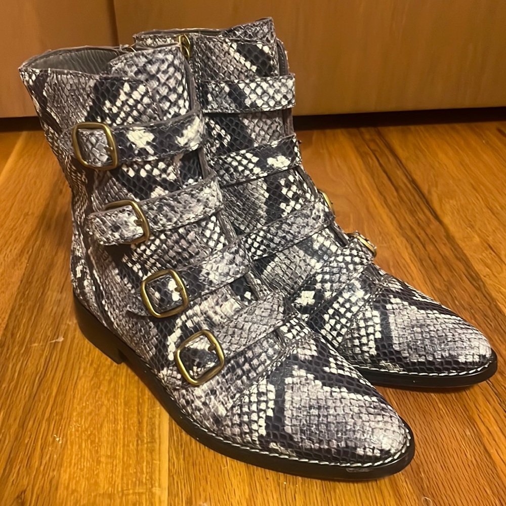 J. Crew Multi Buckle snake skin bootie